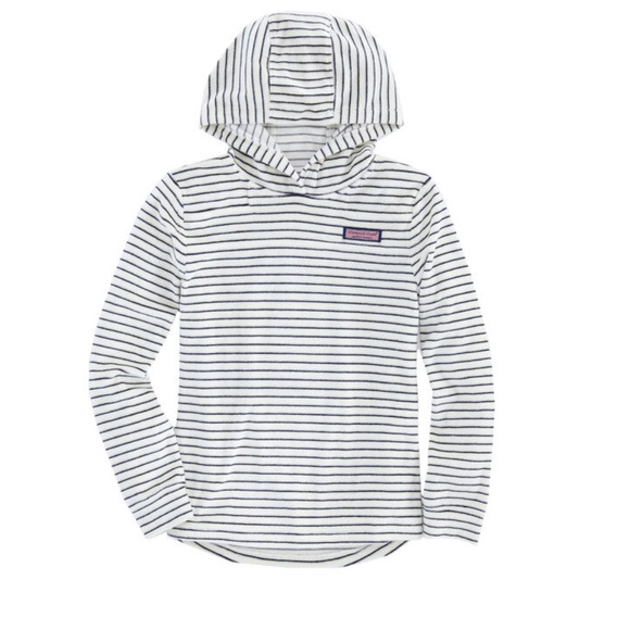 Vineyard Vines Kids Breton Stripe Velour Hood Nautical Pullover White Blue L 14 - Picture 1 of 9